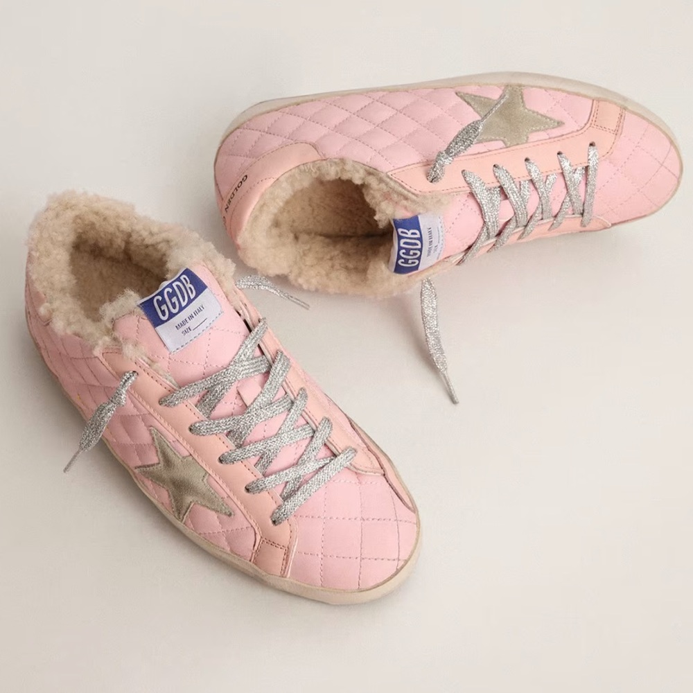NIB Authentic Golden Goose Pink Quilted Sneakers with Silver Accents 40